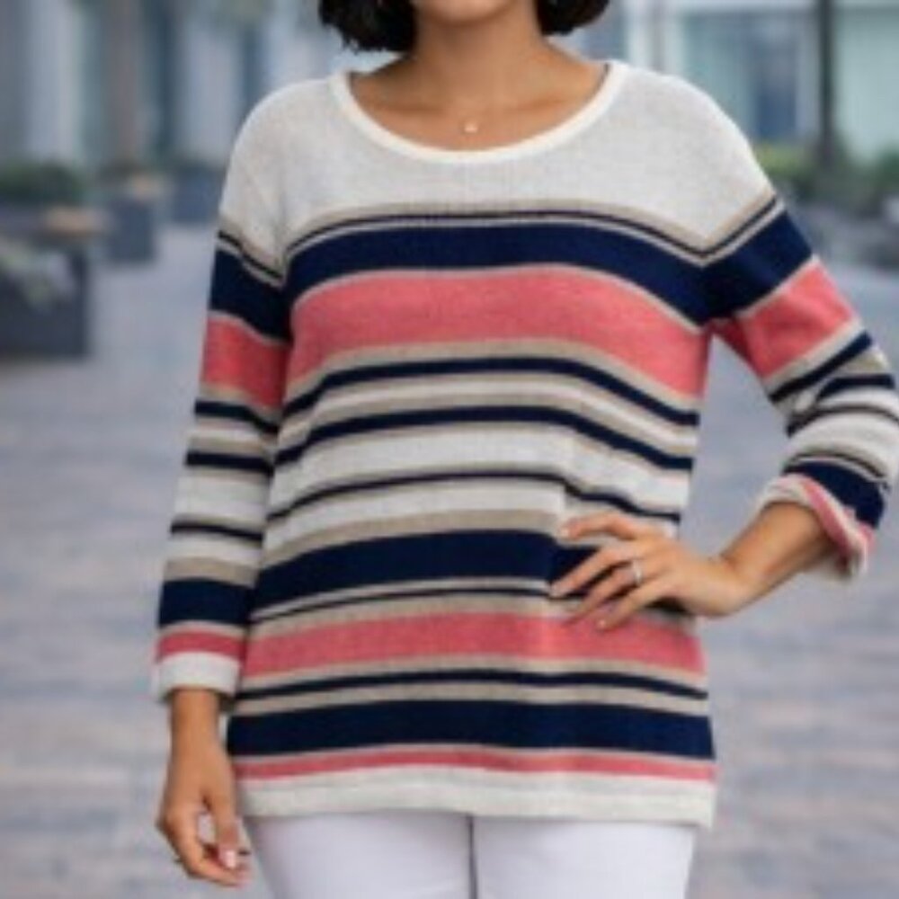 Chico's Striped White, Navy & Coral Scoop Neck  Long Sleeve Knit Causal Sweater